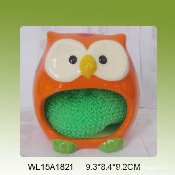Decorative ceramic sponge holder with owl design for kitchen